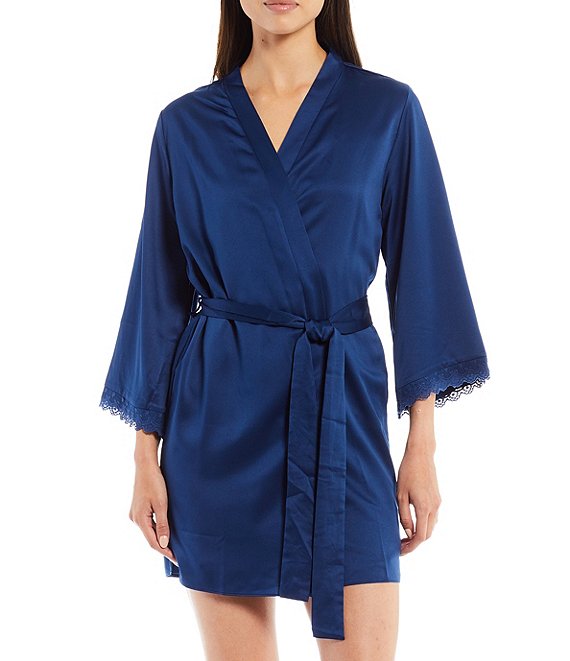Color:Estate Blue - Image 1 - Victoria Lace Trim 3/4 Sleeve Satin Wrap Robe