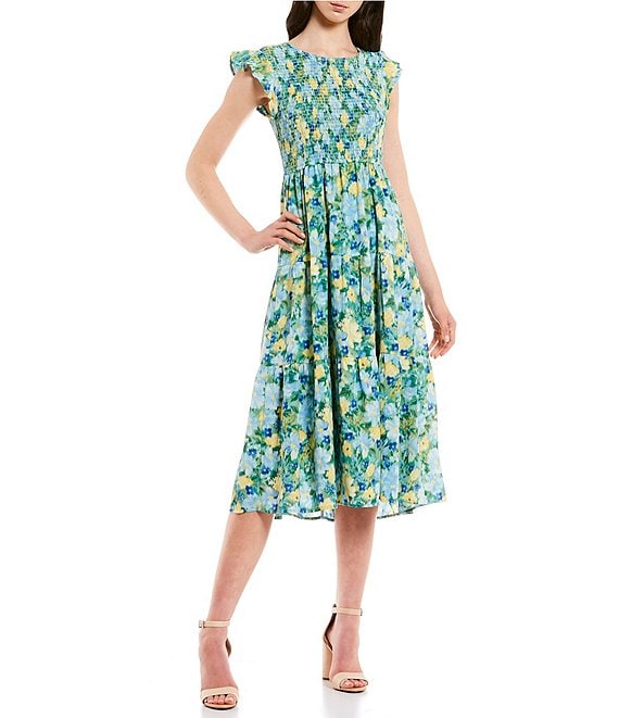 Floral Print Flutter Sleeve Midi Dress | Dillard's