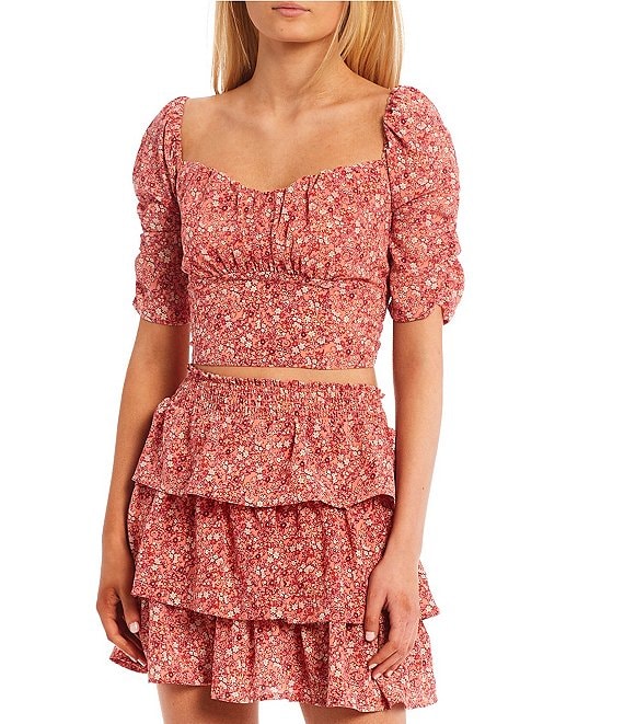 Color:Coral Almond - Image 1 - Coordinating Ditsy Floral Print Puff Sleeve Smocked Back Crop Top