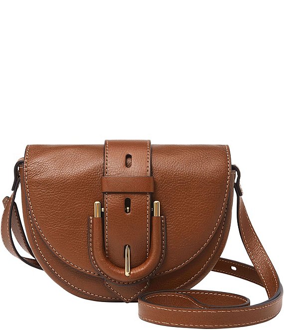 Color:Brown - Image 1 - Harwell Leather Small Buckle Flap Saddle Crossbody Bag