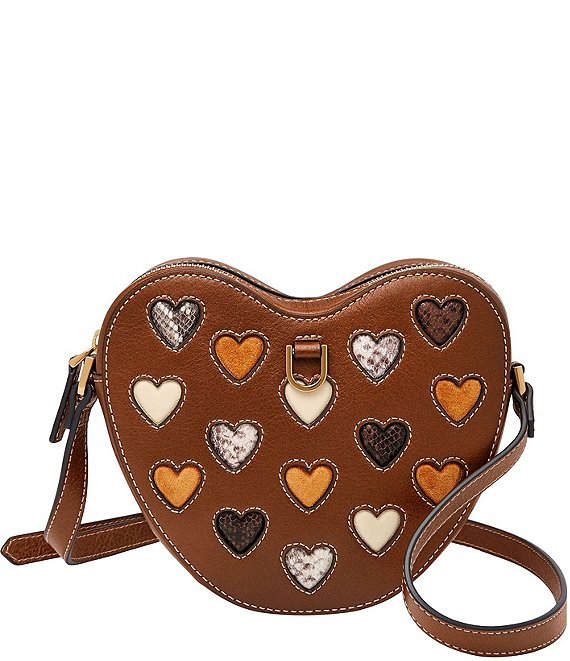 Fossil Heart Leather Mixed Media Patchwork Crossbody Bag