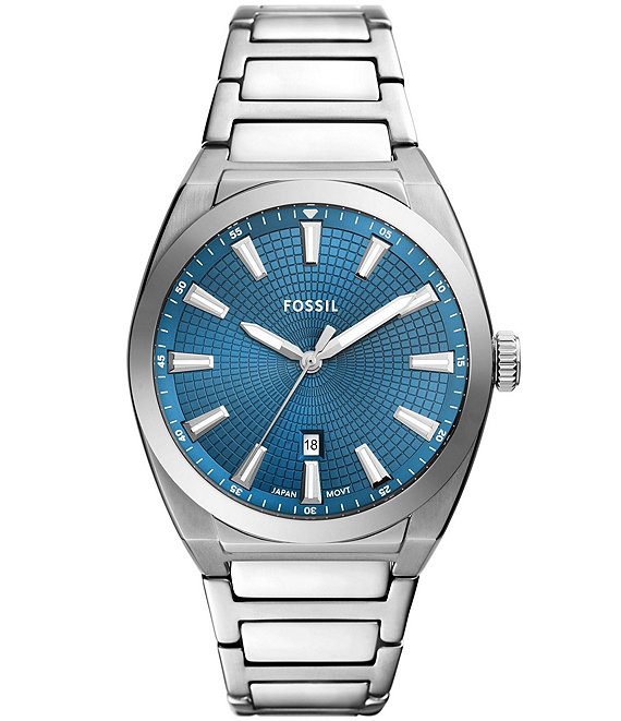 Fossil Men's Everett Blue Dial Three-Hand Date Stainless Steel Bracelet ...