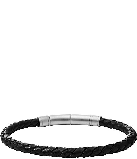 Color:Vintage Silver - Image 1 - Men's Skinny Braid Leather Adjustable Bracelet