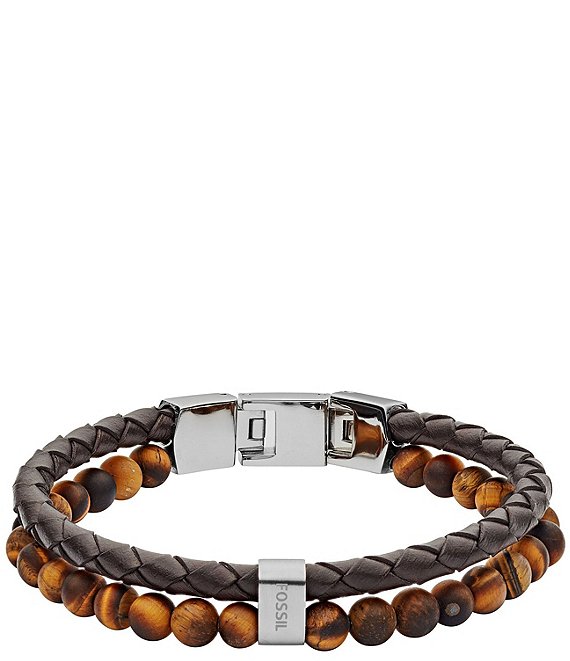 Fossil Men s Tiger s Eye and Brown Leather Link Bracelet