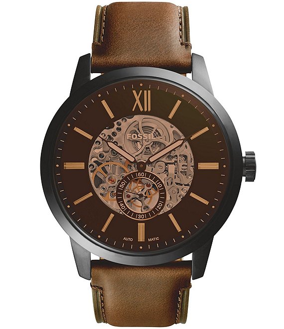 Color:Brown - Image 1 - Men's Townsman Automatic Skeleton Dial Brown Leather Strap Watch