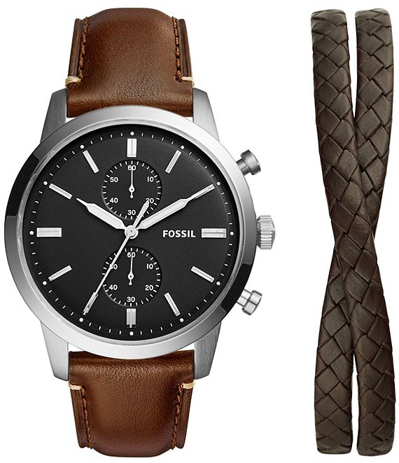 Color:Brown - Image 1 - Men's Townsman Chronograph Brown Eco Leather Strap Watch and Bracelet Set