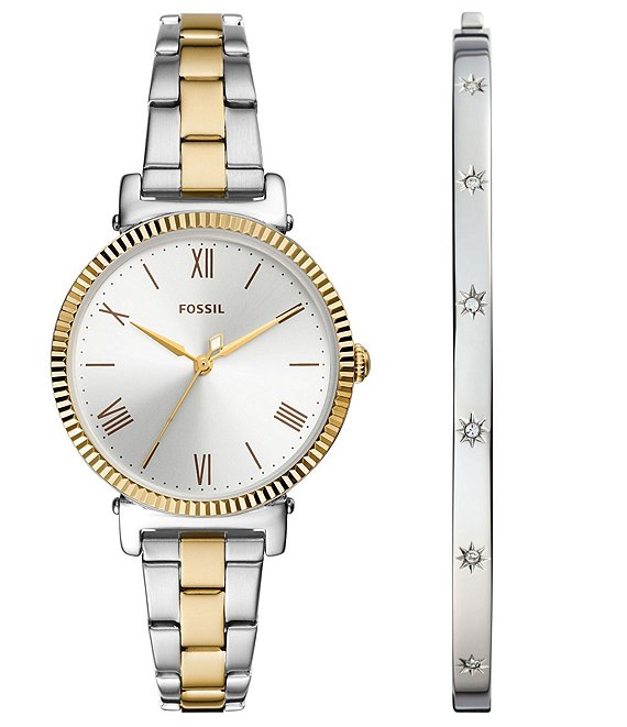 Color:Two Tone - Image 1 - Women's Daisy Three-Hand Two-Tone Stainless Steel Bracelet Watch
