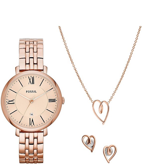 Color:Rose Gold - Image 1 - Women's Jacqueline Three-Hand Date Rose Gold-Tone Stainless Steel Bracelet Watch and Jewelry Set