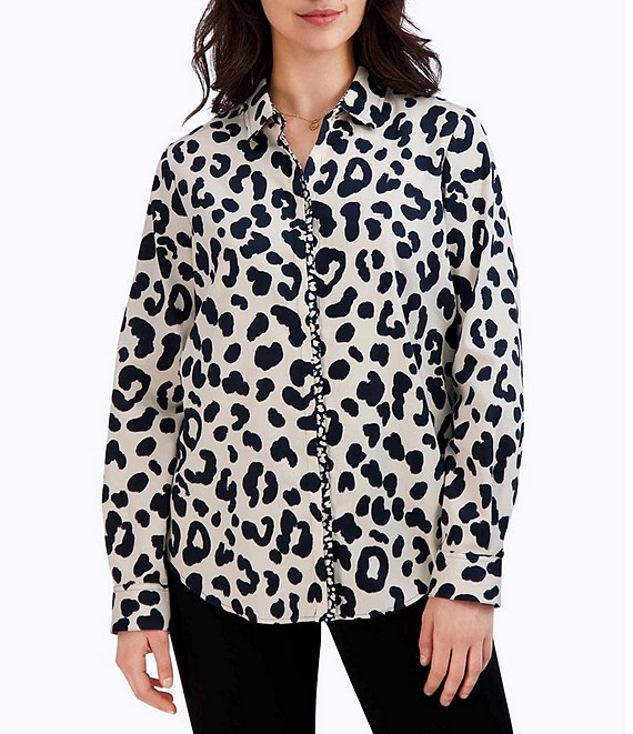 Foxcroft Charlie Cotton Sateen Cheetah Print Point Collar Long Sleeve Round  Hem Button Front Shirt
