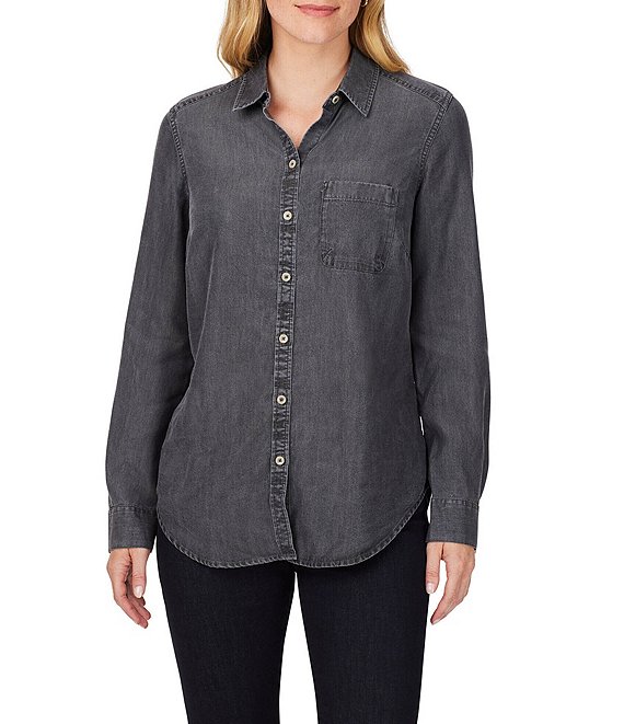 Color:Charcoal - Image 1 - Haven Point Collar Long Sleeve Button Front High-Low Tencel Shirt