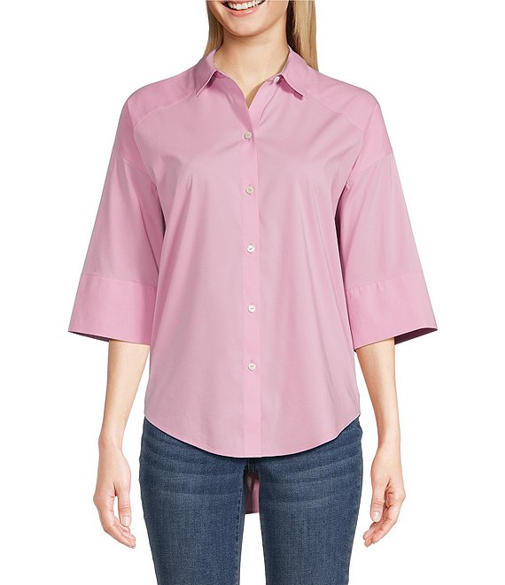 Foxcroft Joanna Solid Stretch Cotton Point Collar 3/4 Sleeve Button ...