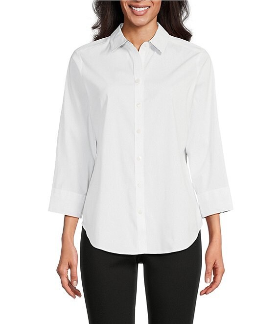 Foxcroft Margie Stretch Cotton Point Collar 3/4 Sleeve Button Front ...