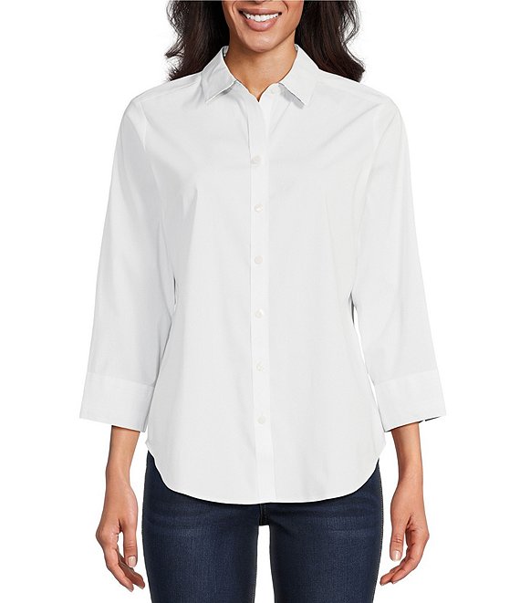 Foxcroft Margie Stretch Cotton Point Collar 3/4 Sleeve Button Front ...