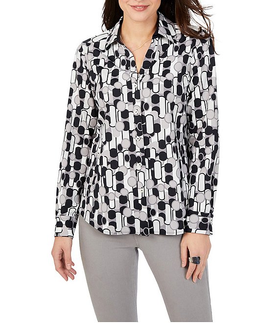 Foxcroft Mary Retro Bubble Print Jersey Knit Point Collar Long Sleeve  Shirttail Hem Shirt