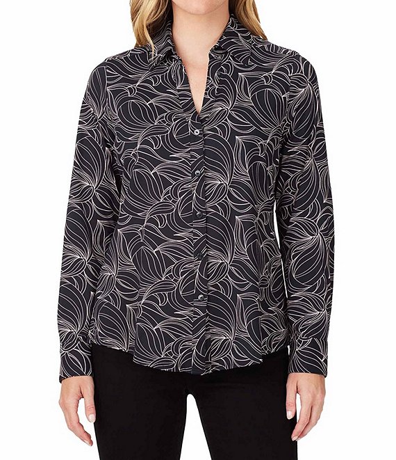 Foxcroft Mary Swirling Slope Print Point Collar Long Sleeve Button ...