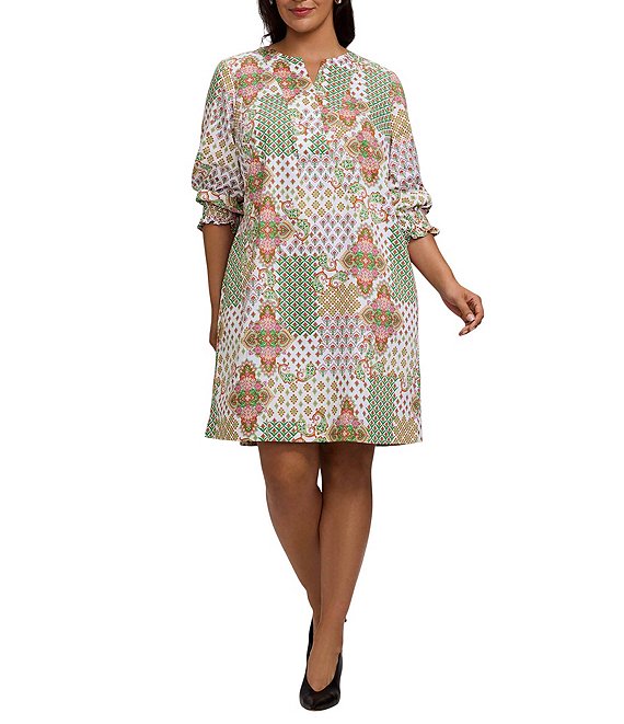 Foxcroft Plus Size Alicia Cotton Patchwork V-Neck 3/4 Cuffed Sleeve Shift Dress