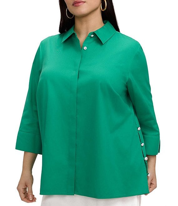 Foxcroft Plus Size Beatrice Matte Sateen Point Collar 3/4 Turn-Up Cuff Hidden Button Front Blouse