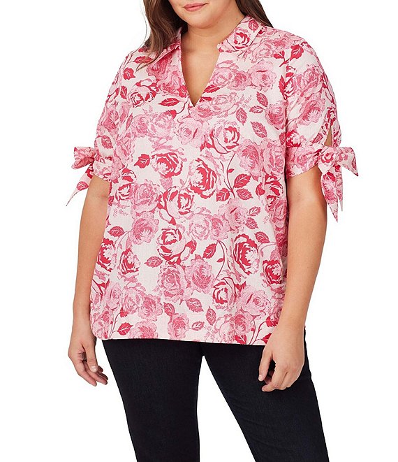 Color:Pink Champaign - Image 1 - Plus Size Emma Vintage Rose Print Collared V-Neck Bow Tie Sleeve Top