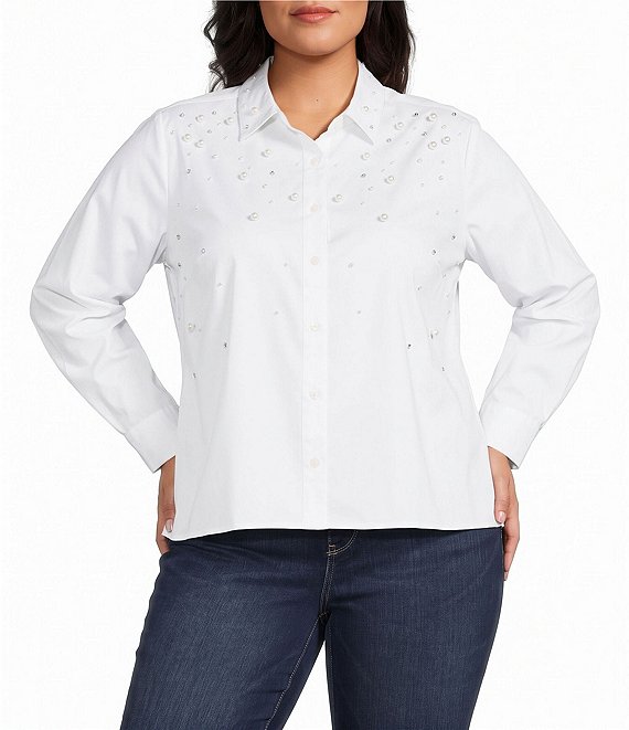 Foxcroft Plus Size Jodie Pearl Rhinestone Point Collar Long Sleeve Button Front Shirt