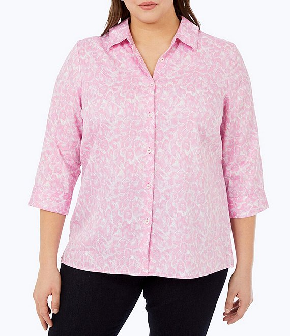 Habitat spiller tilskuer Foxcroft Plus Size Lucie Pink Panther Print Cotton Sateen 3/4 Sleeve Button  Front Shirt | Dillard's