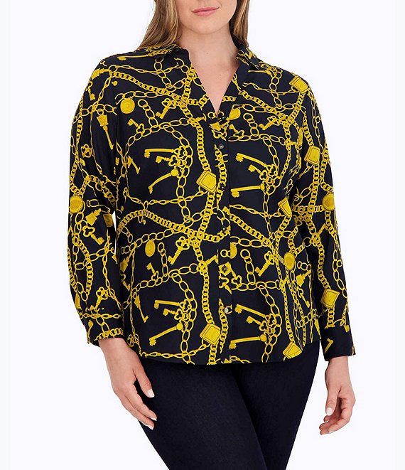Foxcroft Plus Size Mary Printed Sateen Cotton Point Collar Long Sleeve ...