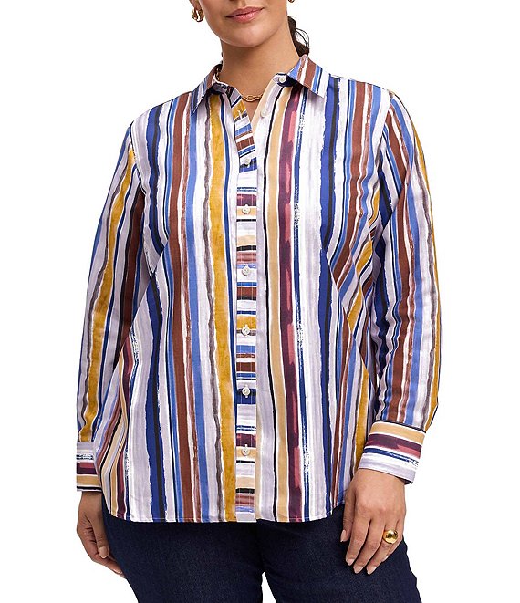 Foxcroft Plus Size Meghan Cotton Poplin Watercolor Stripe Point Collar Long Sleeve Button Front Shirt