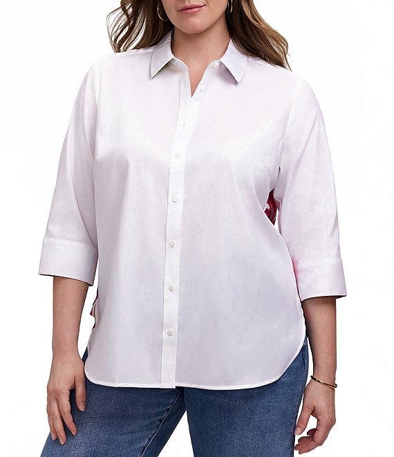 Foxcroft Plus Size Meghan Paradise Bloom Back Print 3/4 Sleeve Button Front Blouse