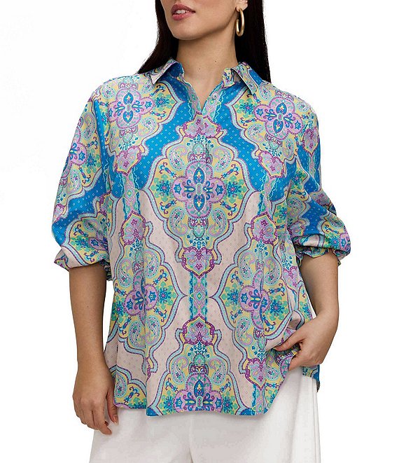 Foxcroft Plus Size Olivia Medallion Paisley Point Collar 3/4 Sleeve Button Front Blouse
