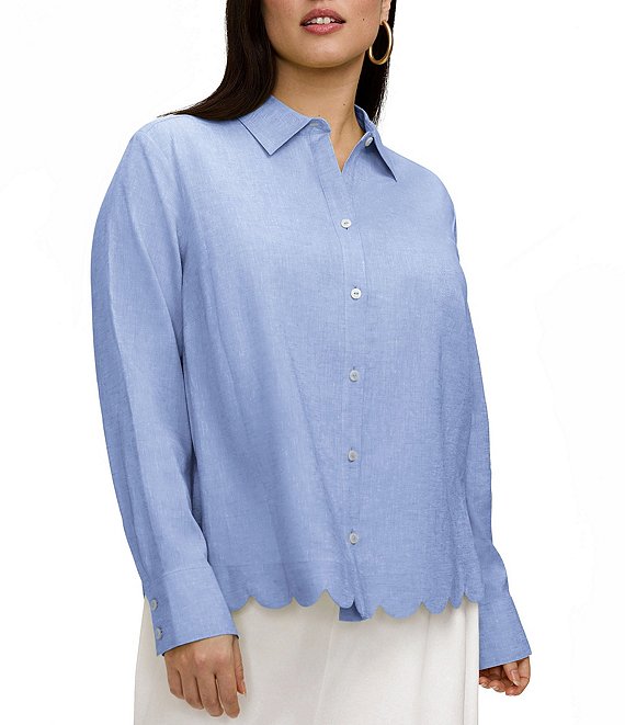 Foxcroft Plus Size Scarlett Point Collar Long Sleeve Button Front Linen Blouse