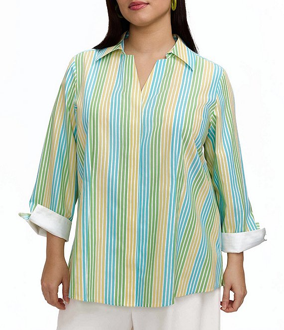 Foxcroft Plus Size Taylor Ombre Stripe Point Collar 3/4 Sleeve Button-Front Shirt