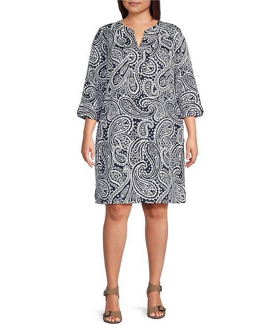 Foxcroft Plus Size Vena Paisley Print Split V-Neck 3/4 Sleeve Shift ...