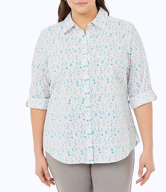 Foxcroft Plus Size Wave Stripe Print Point Collar Long Roll-Tab Sleeve  Button Front Shirt