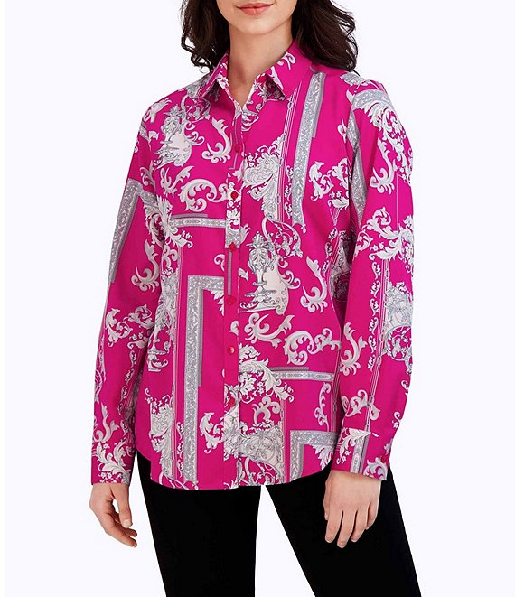 Foxcroft Zoey Printed Cotton Sateen Point Collar Long Sleeve