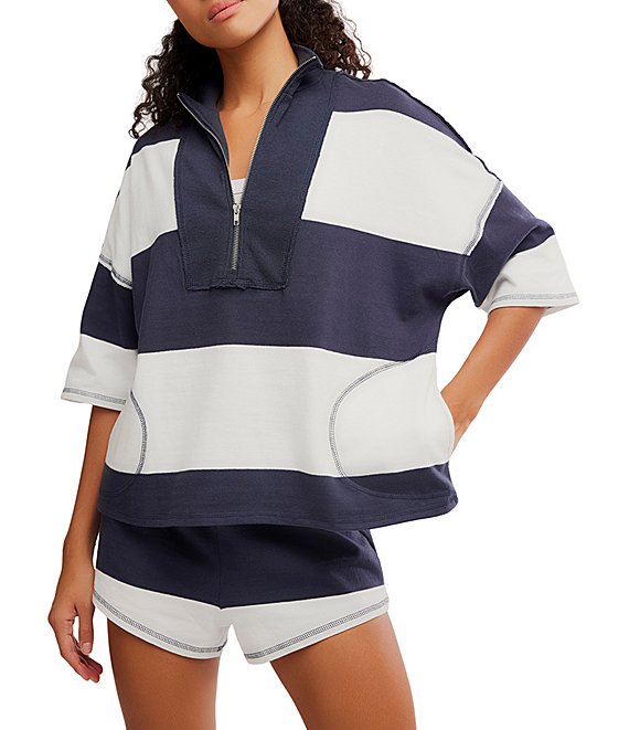 Free People FP Movement Retro Rugby Stripe Pattern Quarter Zip Short Sleeve Short Set, Midnight Navy Combo - Image 1