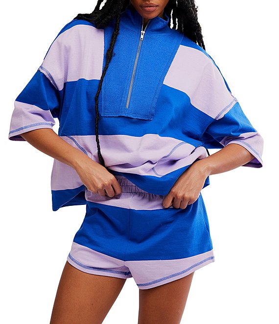 FP Movement Retro Rugby Stripe Pattern Quarter Zip Short Sleeve Short Set