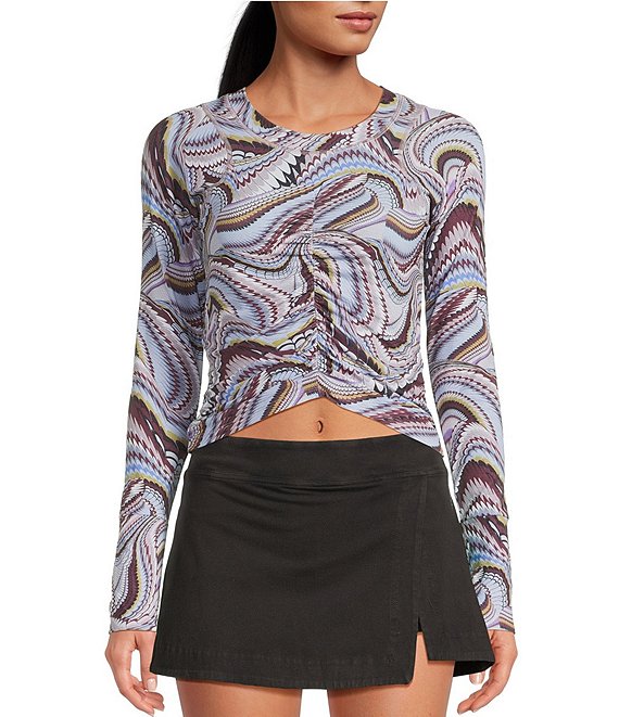 FP Movement Tempo Ruched Abstract Printed Scoop Neck Long Sleeve Top