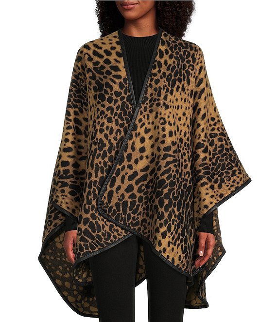 Fraas Vegan Leather Trimmed All Over Leopard Ruana | Dillard's