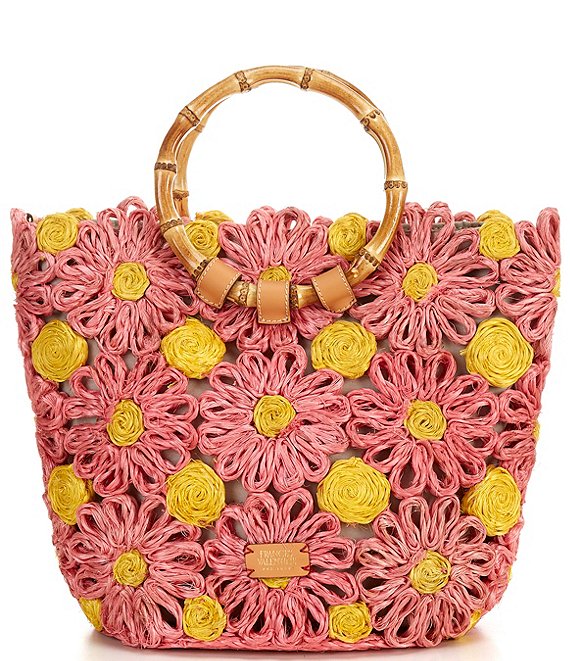 FRANCES VALENTINE Flora Raffia Bamboo Statement Handle Tote Bag