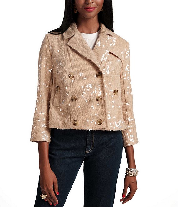 FRANCES VALENTINE Sequin Notch Collar 3/4 Sleeve Double Breasted