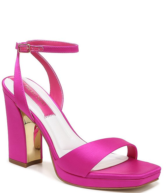 Color:Bright Pink Satin Fabric - Image 1 - Daffy Satin Ankle Strap Square Toe Dress Sandals