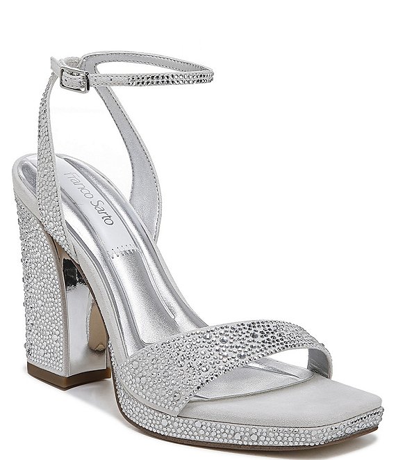 Color:Platinum - Image 1 - Daffy 2 Rhinestone Fabric Ankle Strap Square Toe Dress Sandals