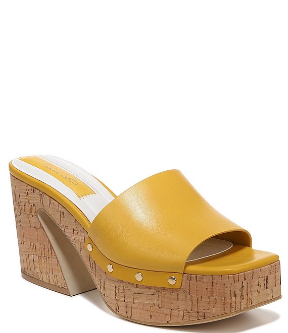 Color:Yellow - Image 1 - Damara Leather Studded Cork Platform Slides
