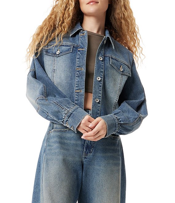 FRAYED Jeans Long Sleeve Cropped Denim Jacket, Cleo Wash - Image 1