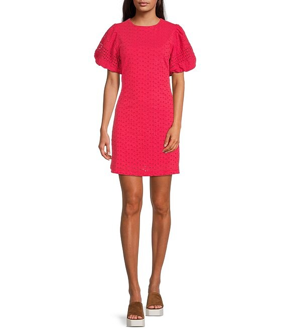 Color:Strawberry Spritz - Image 1 - Apricot Rose Eyelet Short Puff Sleeve Crew Neck Open Tiered Tie Back Detail Mini Dress
