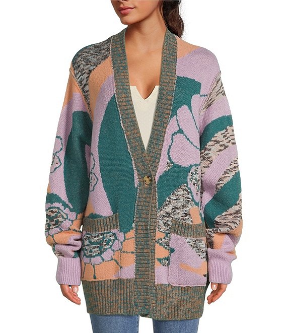 Color:Orchid Teal Combo - Image 1 - August Cardi Shawl Collar Long Sleeve Button Front Cardigan