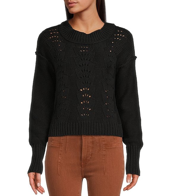 Color:Black - Image 1 - Bell Song Crew Neck Long Dropped Shoulder Volume Sleeve Ribbed Knit Pullover Sweater