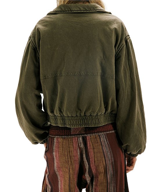 Free People Birdie Washed Collared Long Sleeve Zip-Front Bomber