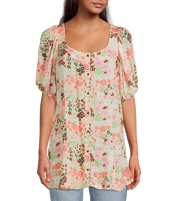 Free People Callie Floral Print Square Neck Short Puff Sleeve Tie Back Detail Button Front Tunic
