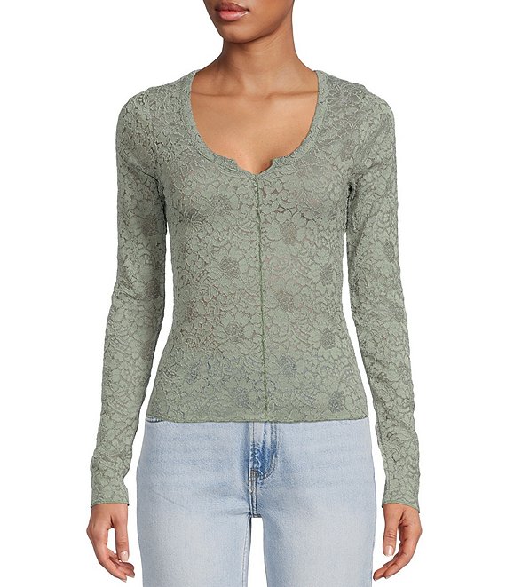 Free People Cloud Ride Lace Knit Scoop Neck Long Sleeve Top