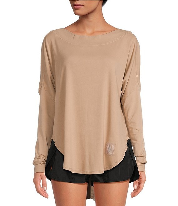 Color:Doe - Image 1 - FP Movement Wide Boat Neck Simply Layer Long Dropped Shoulder Sleeve Shirt